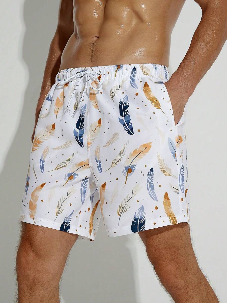Surfspeed Men Feather Print Drawstring Waist Swim Trunks - Multicolor - View 1