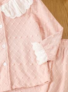 Young Girl Ruffle Trim Flounce Sleeve Button Front Top & Trousers PJ Set - Pink - View 7