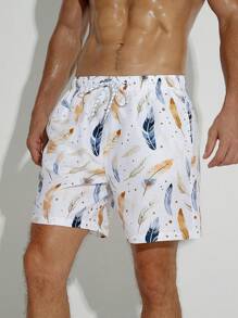 Surfspeed Men Feather Print Drawstring Waist Swim Trunks - Multicolor - View 3