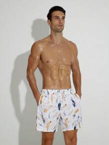 Surfspeed Men Feather Print Drawstring Waist Swim Trunks - Multicolor - View 4
