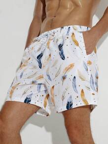 Surfspeed Men Feather Print Drawstring Waist Swim Trunks - Multicolor - View 5