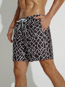 Surfspeed Men Geo Print Drawstring Waist Swim Trunks - Black and White - View 4