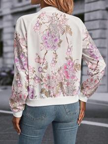 SHEIN LUNE 印花插肩袖拉鏈開襟飛行員夾克 - 白色 - 查看 2
