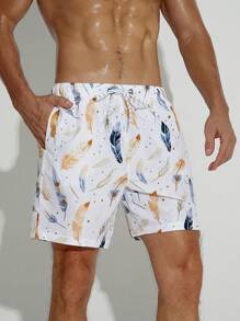 Surfspeed Men Feather Print Drawstring Waist Swim Trunks - Multicolor - View 6