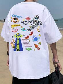 Manfinity Roghcode Camiseta Holgada De Hombro Caído Para Hombre Con Eslogan Y Gráficos De Caricaturas - Blanco - Ver 1