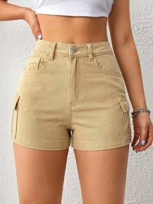 側翻蓋口袋工裝牛仔短褲 - 卡其色 - 查看 6