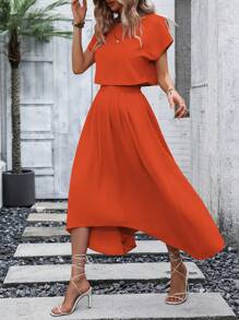SHEIN Privé Batwing Sleeve Blouse & High Low Hem Skirt - Orange - View 1