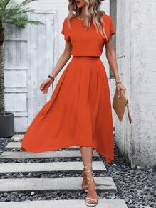 SHEIN Privé Batwing Sleeve Blouse & High Low Hem Skirt - Orange - View 3