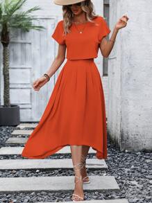 SHEIN Privé Batwing Sleeve Blouse & High Low Hem Skirt - Orange - View 4