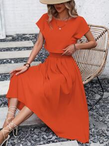 SHEIN Privé Batwing Sleeve Blouse & High Low Hem Skirt - Orange - View 6