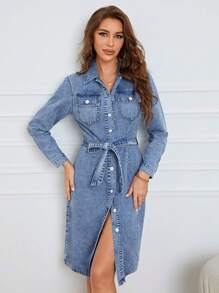 SHEIN Privé Túi có nắp Thắt lưng Đầm Denim - Rửa trung bình - Xem 6