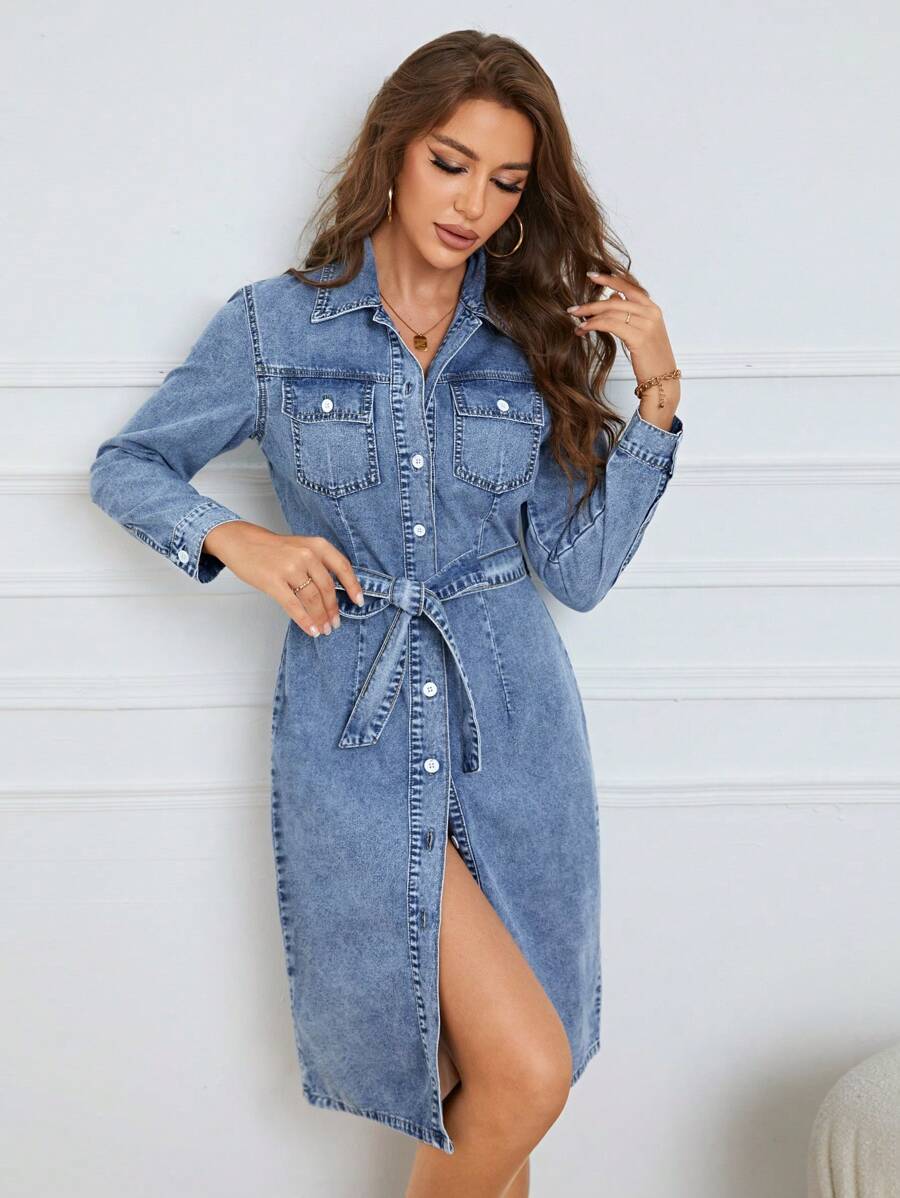 SHEIN Privé Túi có nắp Thắt lưng Đầm Denim - Rửa trung bình - Xem 1