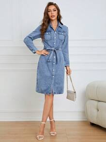 SHEIN Privé Túi có nắp Thắt lưng Đầm Denim - Rửa trung bình - Xem 4