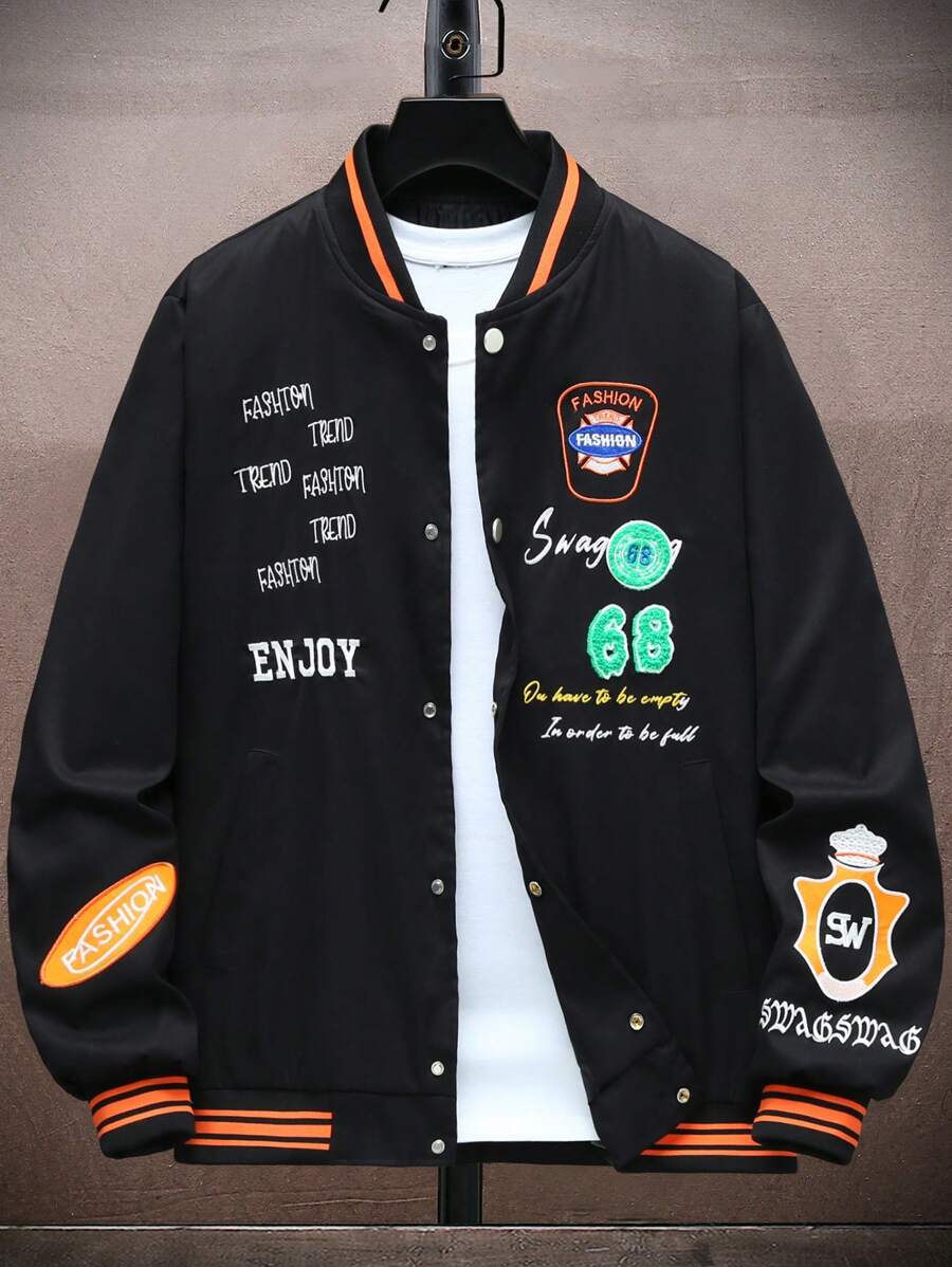 Aesthetic Post--Men Slogan Graphic Striped Trim Bomber Jacket Without Tee - Black - View 1