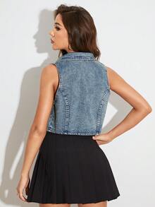 SHEIN Essnce 休閒口袋 前紐扣 不收邊純色女士牛仔上衣 - 中等水洗藍 - 查看 3