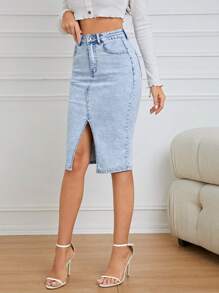 SHEIN Privé Cao eo Tách đùi Váy Denim - Rửa nhẹ - Xem 6