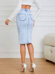 SHEIN Privé Cao eo Tách đùi Váy Denim - Rửa nhẹ - Xem 3