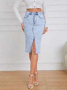 SHEIN Privé Cao eo Tách đùi Váy Denim - Rửa nhẹ - Xem 5