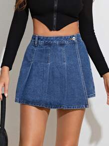 SHEIN Privé 純色百褶牛仔裙 - 中等水洗藍 - 查看 4