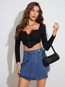 SHEIN Privé 純色百褶牛仔裙 - 中等水洗藍 - 查看 1