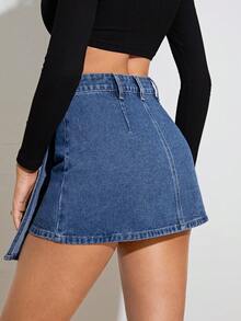 SHEIN Privé 純色百褶牛仔裙 - 中等水洗藍 - 查看 3