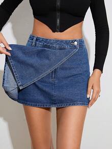 SHEIN Privé 純色百褶牛仔裙 - 中等水洗藍 - 查看 2