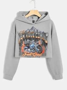 SHEIN EZwear 字母和摩托車圖案落肩袖短款連帽衫 - 深灰色 - 查看 1