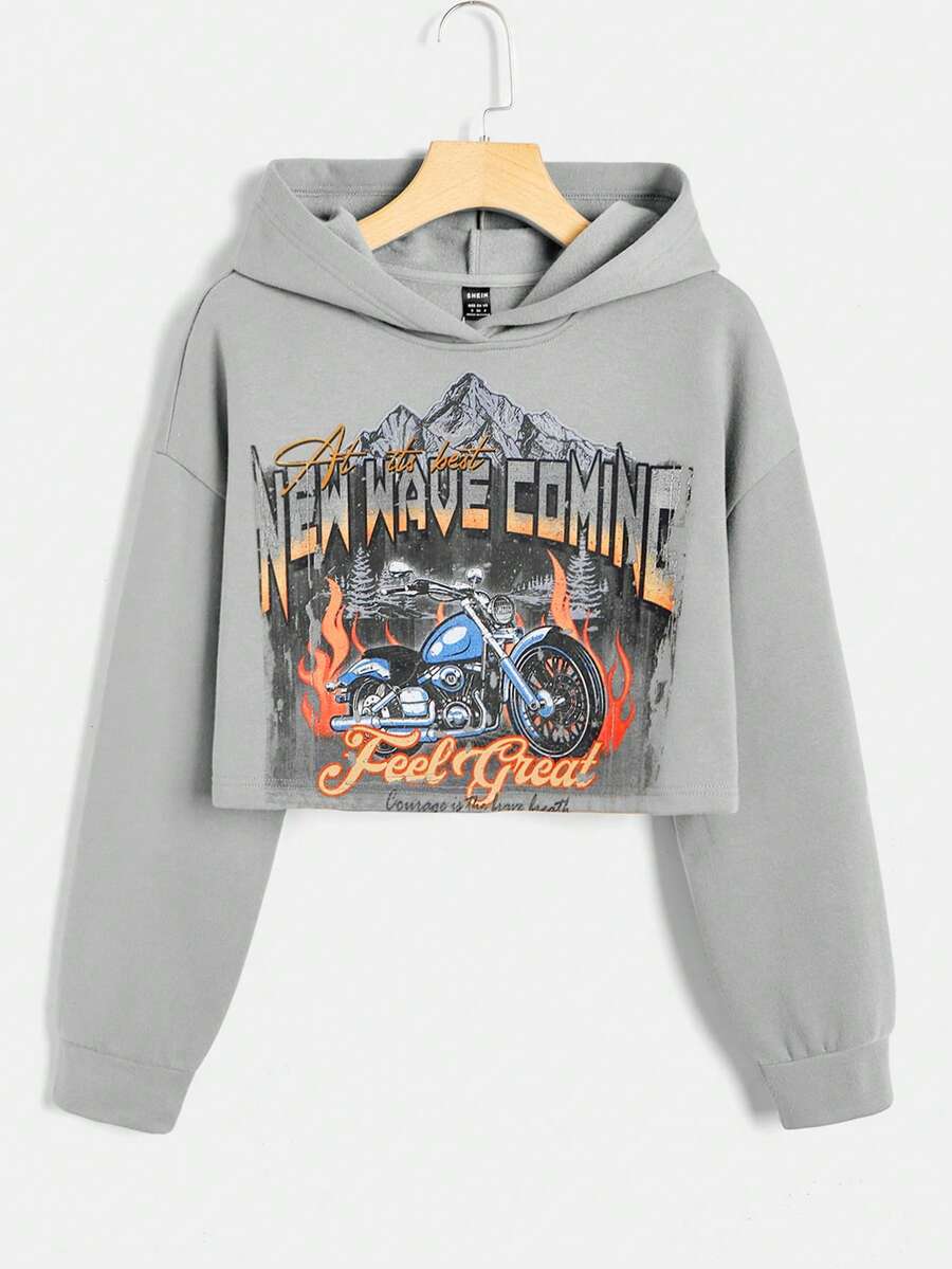 SHEIN EZwear 字母和摩托車圖案落肩袖短款連帽衫 - 深灰色 - 查看 1