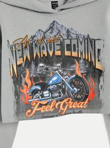 SHEIN EZwear 字母和摩托車圖案落肩袖短款連帽衫 - 深灰色 - 查看 3