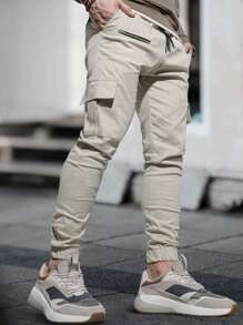 Manfinity LEGND 男士翻蓋口袋腰部抽繩工裝褲 - 米色 - 查看 1