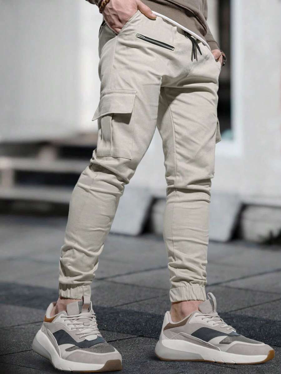 Manfinity LEGND 男士翻蓋口袋腰部抽繩工裝褲 - 米色 - 查看 1