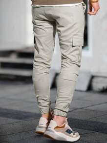 Manfinity LEGND 男士翻蓋口袋腰部抽繩工裝褲 - 米色 - 查看 2