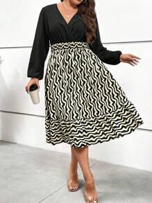 SHEIN Clasi Plus Robe Imprimé Graphique Col Surplis Manches Bouffantes À Volants - Multicolore - Voir 6