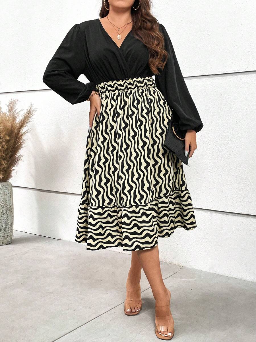 SHEIN Clasi Plus Robe Imprimé Graphique Col Surplis Manches Bouffantes À Volants - Multicolore - Voir 1