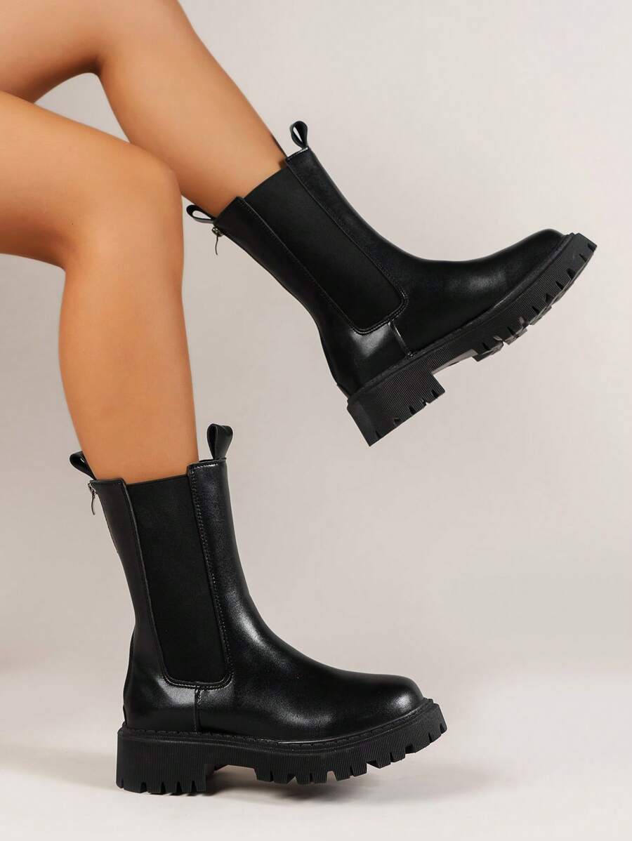 女性馬丁靴2021新品到貨,高跟鞋厚鞋底切爾西靴,小腿中部&及膝靴,黑色踝美式短靴適合女孩 - 黑色 - 查看 1