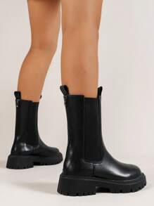 女性馬丁靴2021新品到貨,高跟鞋厚鞋底切爾西靴,小腿中部&及膝靴,黑色踝美式短靴適合女孩 - 黑色 - 查看 2