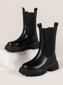 女性馬丁靴2021新品到貨,高跟鞋厚鞋底切爾西靴,小腿中部&及膝靴,黑色踝美式短靴適合女孩 - 黑色 - 查看 3