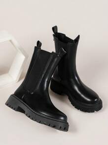 女性馬丁靴2021新品到貨,高跟鞋厚鞋底切爾西靴,小腿中部&及膝靴,黑色踝美式短靴適合女孩 - 黑色 - 查看 5