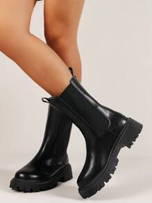 女性馬丁靴2021新品到貨,高跟鞋厚鞋底切爾西靴,小腿中部&及膝靴,黑色踝美式短靴適合女孩 - 黑色 - 查看 6