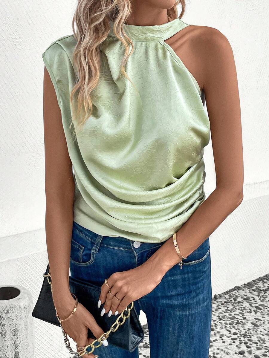 SHEIN Clasi Blusa unicolor de cuello asimétrico fruncido de satén