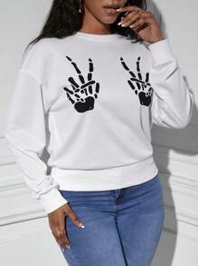 SHEIN Unity 骷髅手印花落肩套头卫衣 秋季卫衣 - 白色 - 查看 4