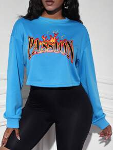 SHEIN Unity Đồ họa Chữ cái Thả vai Áo len crop - Màu xanh lam - Xem 3