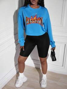 SHEIN Unity Đồ họa Chữ cái Thả vai Áo len crop - Màu xanh lam - Xem 4