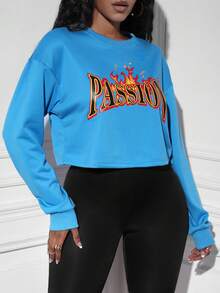 SHEIN Unity Đồ họa Chữ cái Thả vai Áo len crop - Màu xanh lam - Xem 5