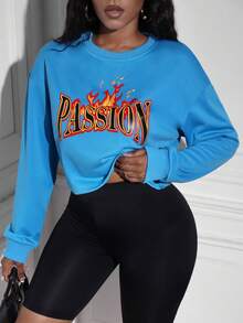 SHEIN Unity Đồ họa Chữ cái Thả vai Áo len crop - Màu xanh lam - Xem 6