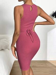 SHEIN Essnce 腰部鏤空條紋針織緊身連衣裙 - 藕粉色 - 查看 2