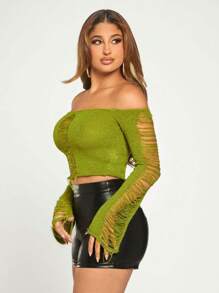 SHEIN SXY كنزة صوف مكشوف الكتف ممزق - أخضر ليمون - مشاهدة 3