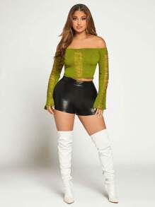 SHEIN SXY كنزة صوف مكشوف الكتف ممزق - أخضر ليمون - مشاهدة 4