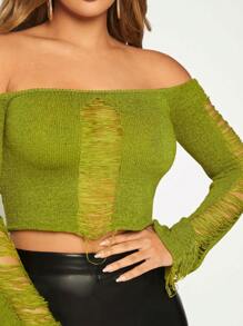 SHEIN SXY كنزة صوف مكشوف الكتف ممزق - أخضر ليمون - مشاهدة 7