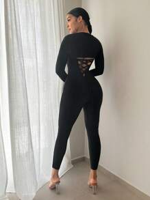 SHEIN SXY 素色抹胸彈力緊身連體褲&短上衣 - 黑色 - 查看 2